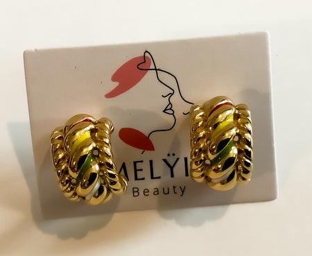 Multi Colored Gold C Twist EarringsThese beautiful Multi Colored C Shaped Earrings stand out with their unique design. They come in an eye-catching range of colors to perfectly complement any outfit.Multi Colored Gold C Twist EarringsThese beautiful Multi